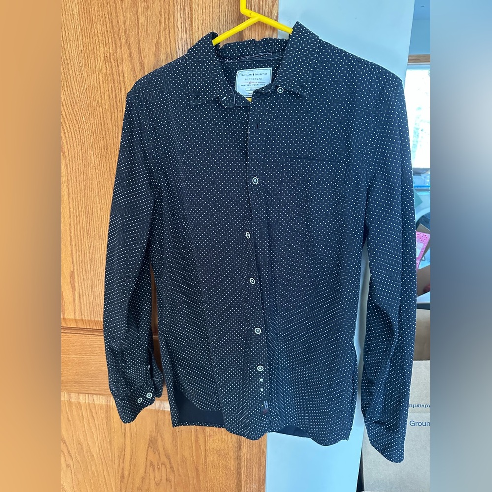 On The Road Black Button-Down Shirt with White Microdots- Like new!